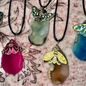 Colorful Agate Slice Necklaces with Butterfly Pendants